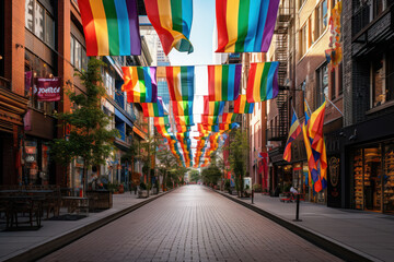 A bustling city street lined with colorful flags representing different mental health support organizations. Concept of diversity in mental health advocacy. Generative Ai.