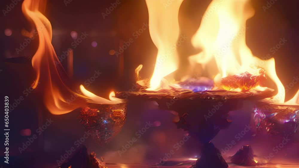 Poster flickering ethereal flames dance atop crucible, casting mesmerizing display evershifting colors shap