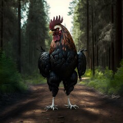 mutant chicken 8 feet tall 500 pounds insane standing on a muddy forest dirt road hyperrealistic photorealistic 