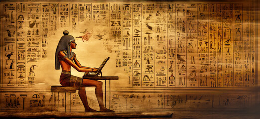Person working on a laptop, ancient hieroglyphs drawing. Fake information, conspiracy theory or hoax concept. Generative AI - obrazy, fototapety, plakaty