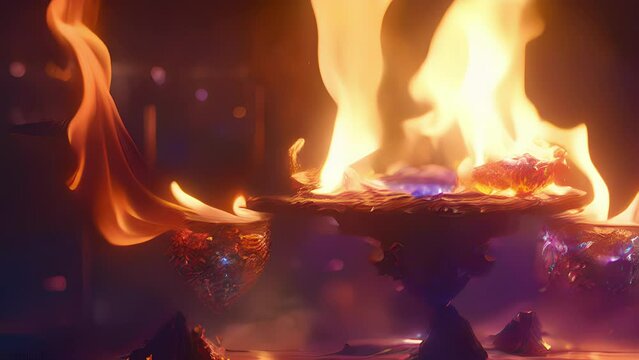 Flickering ethereal flames dance atop crucible, casting mesmerizing display evershifting colors shapes.. Abstract magic