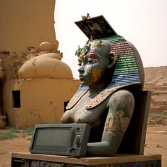 sphinx covered with graffiti and digital multimedia interface screens with occult code glitch space invaders integrated into the benin sculpture of teletubby with obsolete computers in egypt 