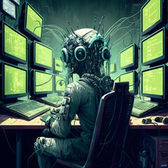 A cybernetic man sits in a small room and works in front of a large number of monitors A helmet comes down over his eyes His hands separate so that he can work at several keyboards at once A hacker 
