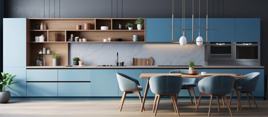Cozy apartment with blue kitchen wooden dining room velvet chairs pottery and parquet floor