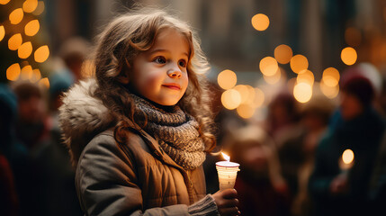 Cute toddler girl holding a burning candle at a Christmas carol, girl celebrating Christmas at a street party, night, joy and coziness.  - obrazy, fototapety, plakaty