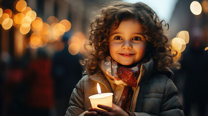 Cute toddler girl holding a burning candle at a Christmas carol, girl celebrating Christmas at a street party, night, joy and coziness.  - Powered by Adobe