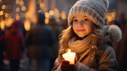 Cute toddler girl holding a burning candle at a Christmas carol, girl celebrating Christmas at a street party, night, joy and coziness. 