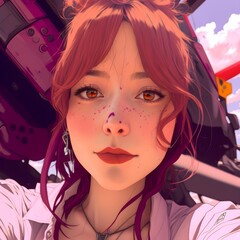 in evangelion universe piloting an eva looking at the camera post apocalyptic background colorfull pink themed 