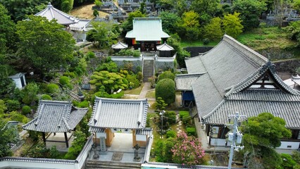 Fototapeta na wymiar Aerial view of the Zenonji Temple in Hojo, North of Matsuyama City