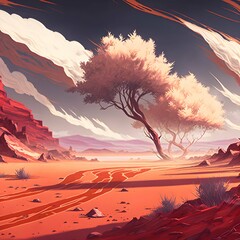 anime art red sand dessert landscape burning trees sandstorm red and white accents moody 