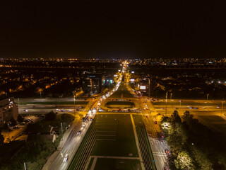 Aerial view of Zagreb city traffic lights and downtown behind Sava river in the background