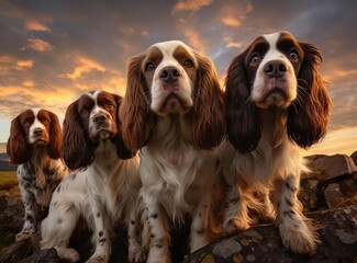 A group of spaniels looking at the camera