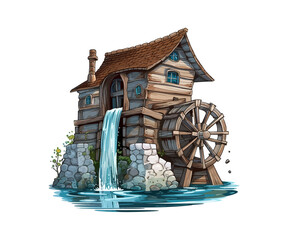 Old water mill. Vector illustration design. - obrazy, fototapety, plakaty