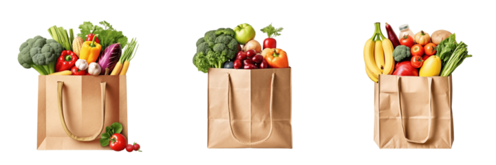 Supermarket Paper bag full of healthy food isolated on transparent background, PNG