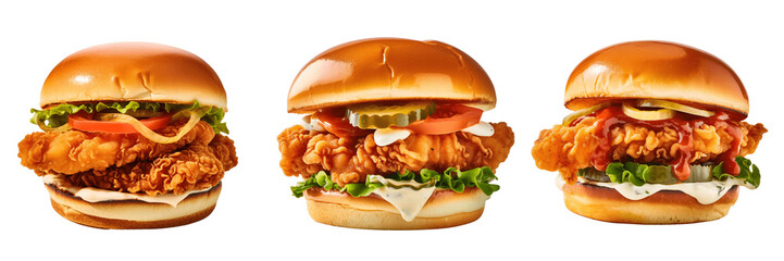 A set of three thick crispy chunky chicken sandwiches isolated on a transparent background, PNG