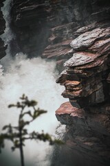 Single tree on a rocky outcrop overlooking a river overflowing its banks