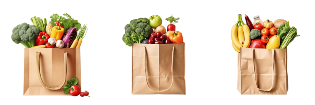 Supermarket Paper bag full of healthy food isolated on transparent background, PNG