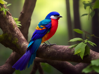 Fototapeta premium Cute hummingbird bird with colorful plumage and A colorful bird sits on a branch in the forest