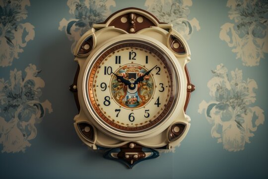 Old clock on brick wall. Retro time concept. Generate Ai