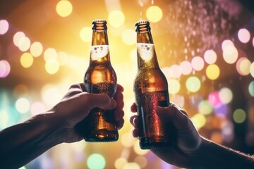Clinking Bottles Of Beer Party Vibrant Backdrop Generative AI