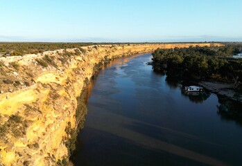 Aerial view of the Murray River at sunset in Big Bend, Australia