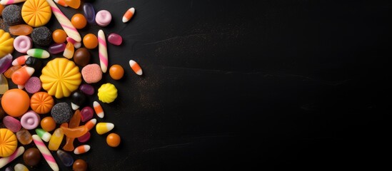Halloween candy displayed on black background with empty space