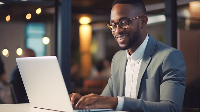 Handsome young businessman sitting office and working on laptop computer. Smiling black man using laptop. Professional african american CEO managing investment strategy.