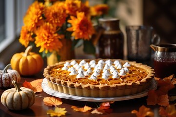 Homemade pumpkin pie on the wooden table of the traditional kitchen