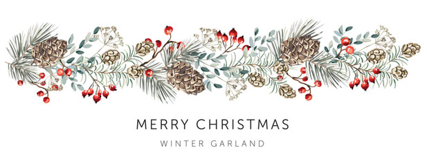 Winter nature design garland, text  Merry Christmas, white background. Green pine, fir twigs, cedar cones, red berries. Vector illustration. Greeting banner template. Xmas forest