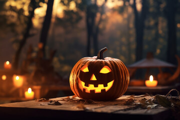 Fototapeta premium Halloween Pumpkin with Glowing Eyes, Forest Sunset Halloween Scene