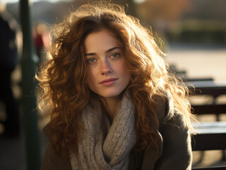 A young woman is sitting on a park bench, looking relaxed and illuminated by natural light. - 650407464