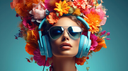 A vibrant portrait of a young woman surrounded by bright colors. She wears headphones, sunglasses and her hair is richly decorated with flowers.