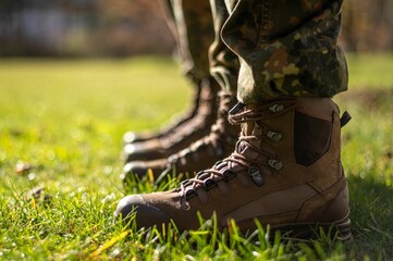 Closeup of combat boots of the German Army Bundeswehr in the grass