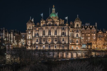 Fototapeta na wymiar Closeup of a Night view of Museum on the Mound, Edinburgh, Scotland