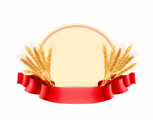 Round label decorated with wheat ears and red ribbon isolated on white. Vector illustration. 