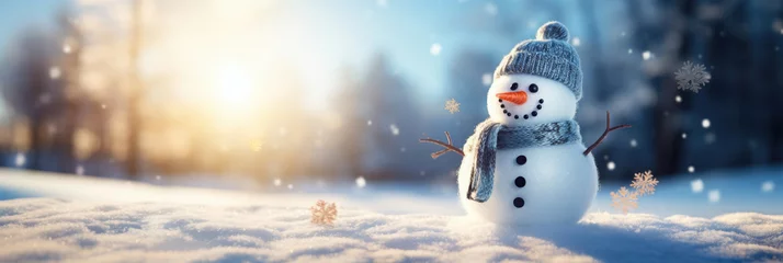 Papier Peint photo Chambre denfants Cute Snowman with snow, background image of winter landscape with copyspace