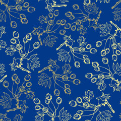 Seamless floral pattern with branches of hawthorn tree. Golden silhouettes on blue background. Hand drawn linear sketches.
