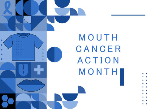 Mouth Cancer Action Month. Blue ribbon, blue lips, blue t-shirt. Paper banner sign. Medical vector illustration. Health care