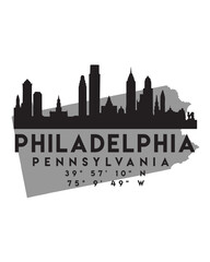 Fototapeta premium Vector illustration of the Philadelphia city skyline silhouette on the map with the coordinates