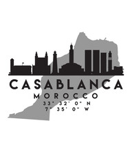 Naklejka premium Vector illustration of the Casablanca city skyline silhouette on the map with the coordinates