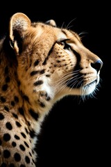 Obraz premium head profile closeup of spotted cheetah isolated on black background with copyspace area | Generative AI
