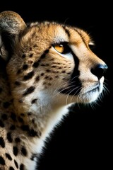 head profile closeup of spotted cheetah isolated on black background with copyspace area | Generative AI