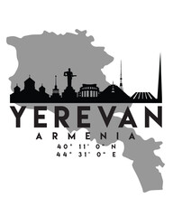 Vector illustration of the Yerevan city skyline silhouette on a map with the coordinates
