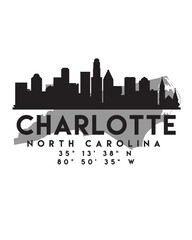 Vector illustration of the Charlotte city skyline silhouette on a map with the coordinates