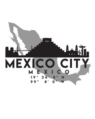 Vector illustration of the Mexico city skyline silhouette on a map with the coordinates