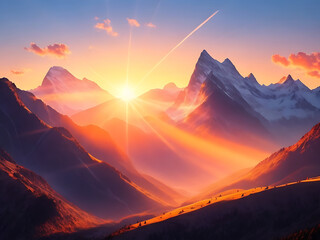 Sunrise sunset in mountains fabulous landscape of mountain peaks rays of the sun illuminate the slopes of the mountains magical nature illustration