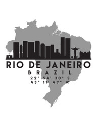 Vector illustration of the Rio de Janeiro city skyline silhouette on a map with the coordinates