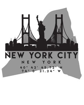 Vector illustration of the New York city skyline silhouette on a map with the coordinates