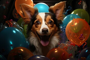 A small dog surrounded by a group of balloons