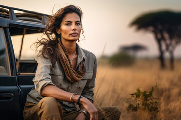 Woman in adventurer outfit on african safari. Sitting next to her off road car, blurred savanna background. Generative AI
